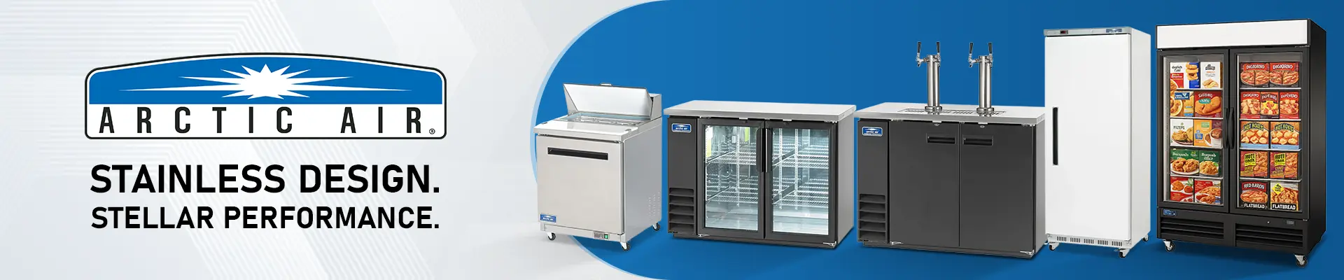 Arctic Air brand banner featuring undercounter, worktop, reach-in refrigerator, and glass door commercial refrigeration units with brand logo.